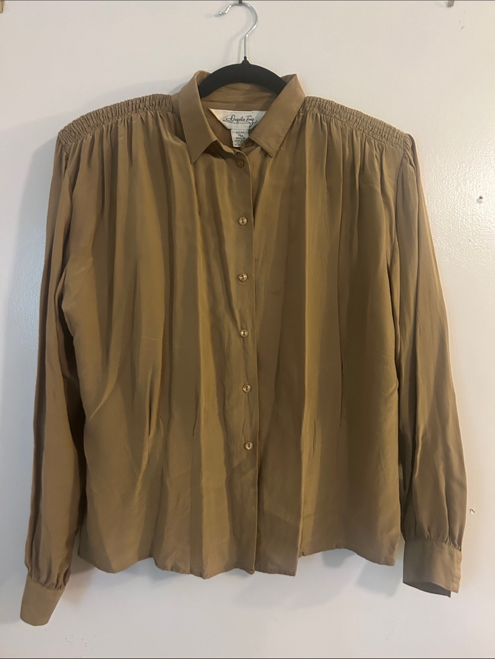 Vintage Camel Button-Front Shirt with Shirred Shoulders 100% Silk